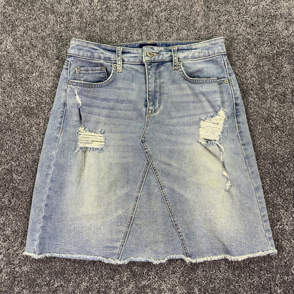 Scoop Skirt Womens 2 Blue Denim A-Line Distressed Frayed Hem Pockets Casual